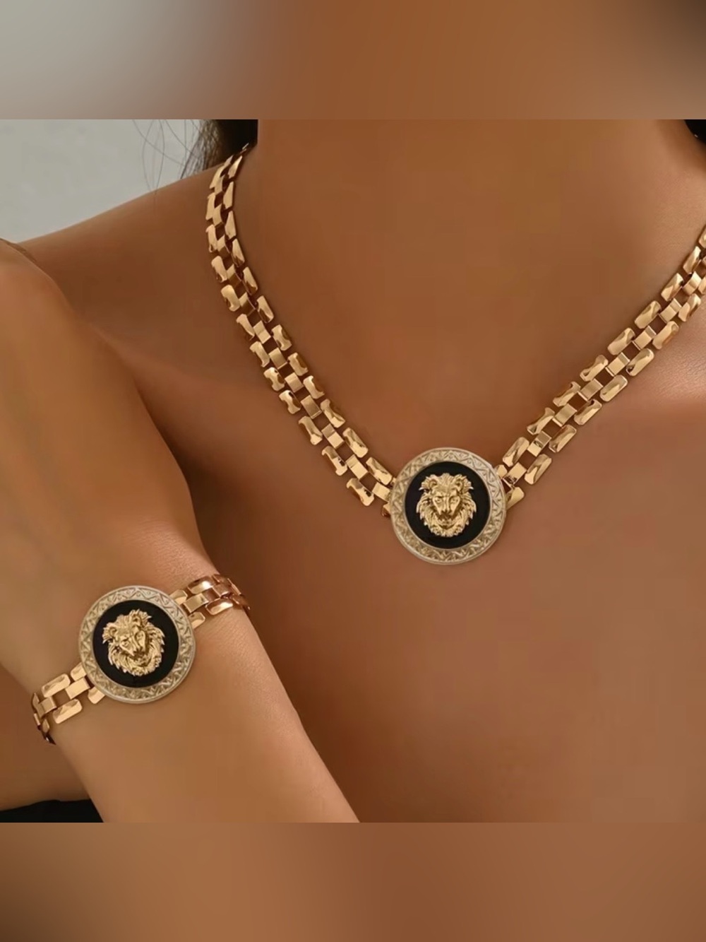 Gold Lion Medallion Necklace and Bracelet Set